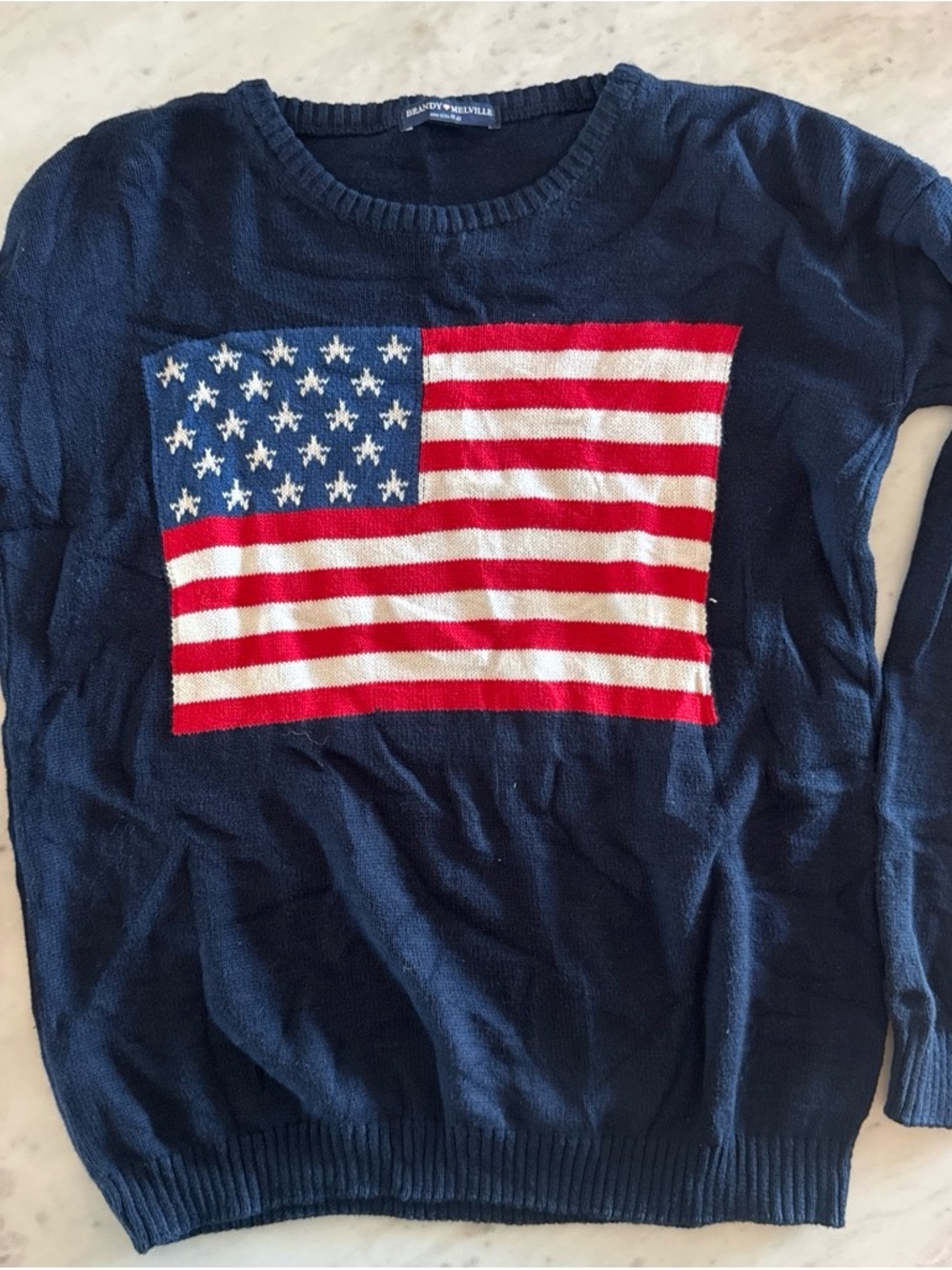 Brandy Melville Navy Sweater with Red, White and Blue Flag Detail
